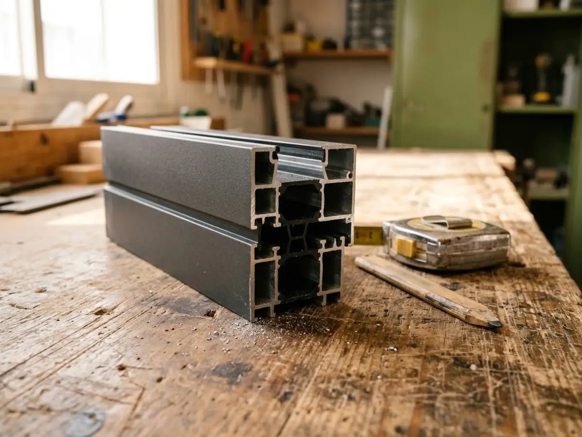 Corte de un perfil de aluminio con rotura de puente térmico sobre la mesa de un taller