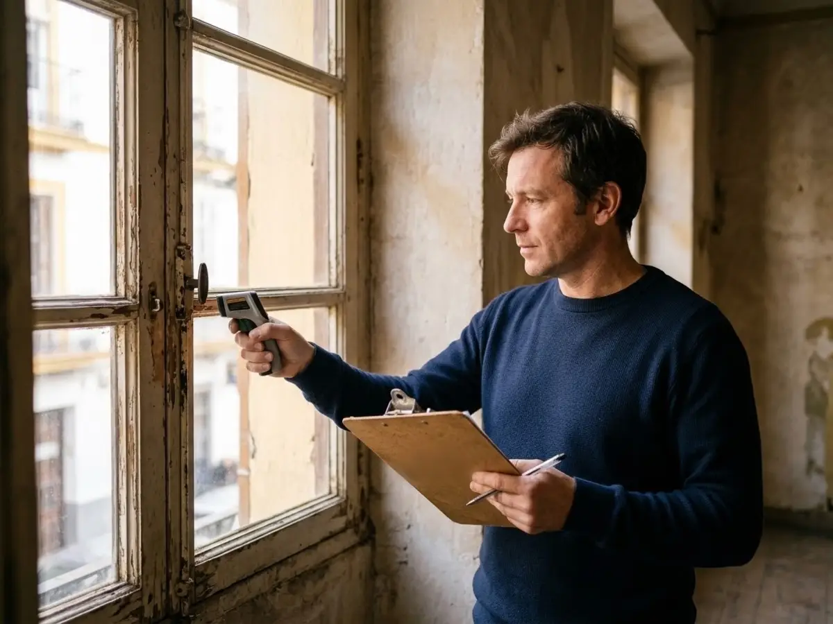 Técnico tomando notas junto a una ventana durante una visita para el certificado energético