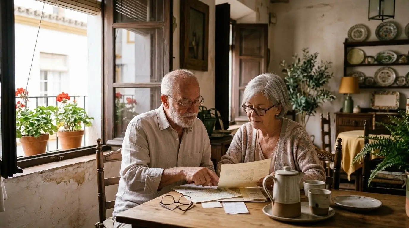 Pareja mayor revisando papeles en la mesa del salón junto a la ventana