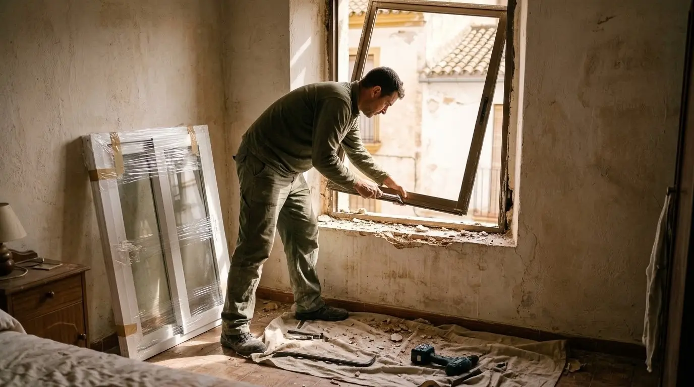 Operario quitando una ventana vieja de aluminio de un piso, con la nueva apoyada al lado