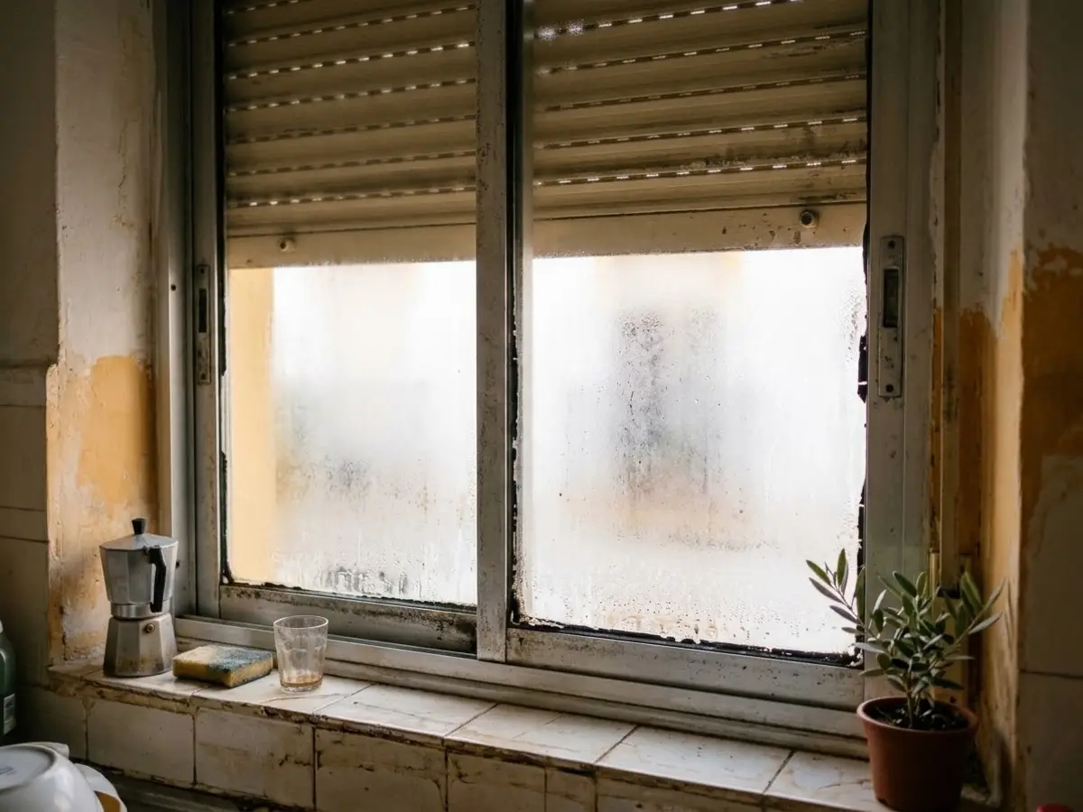 Ventana corredera antigua de aluminio con el cristal empañado en un piso