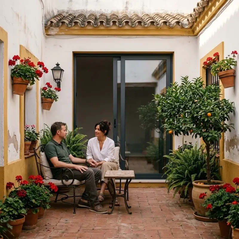 Pareja en el patio de su casa adosada con una puerta corredera al fondo