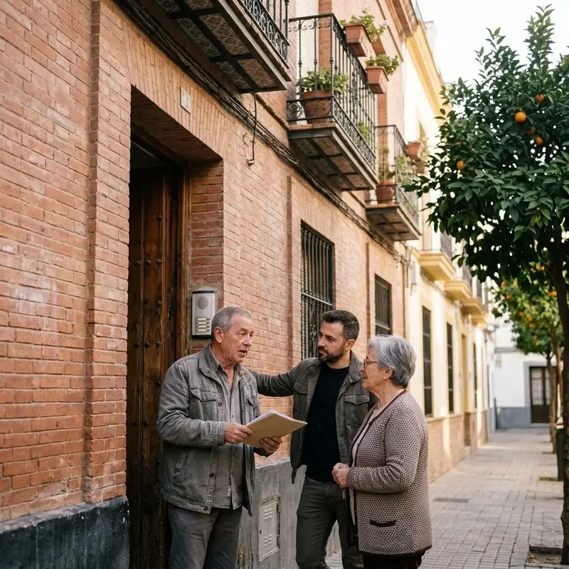 Vecinos hablando en el portal de un bloque de pisos con balcones