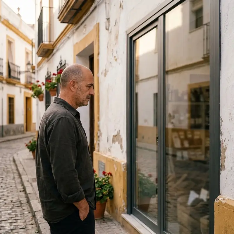 Dueño de un pequeño local mirando el escaparate desde la acera