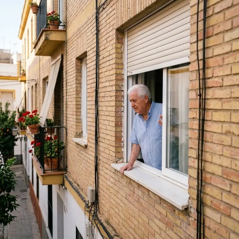 Hombre mayor abriendo la ventana de su piso en un bloque de Sevilla