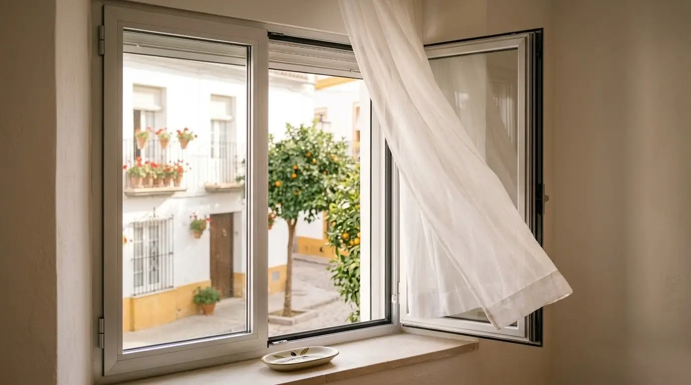 Ventana de aluminio con doble cristal nuevo y la calle soleada al otro lado