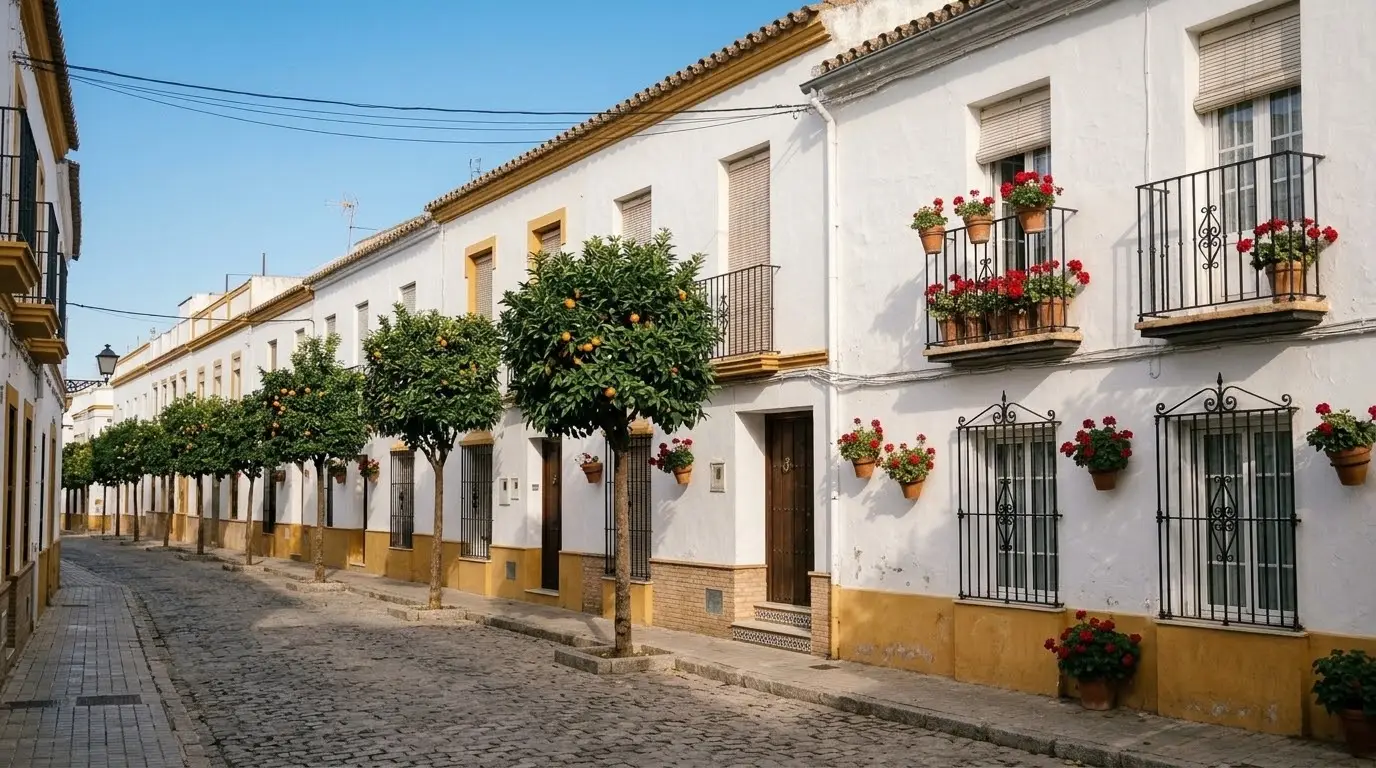 Calle de casas adosadas blancas con rejas y persianas en una barriada de Dos Hermanas