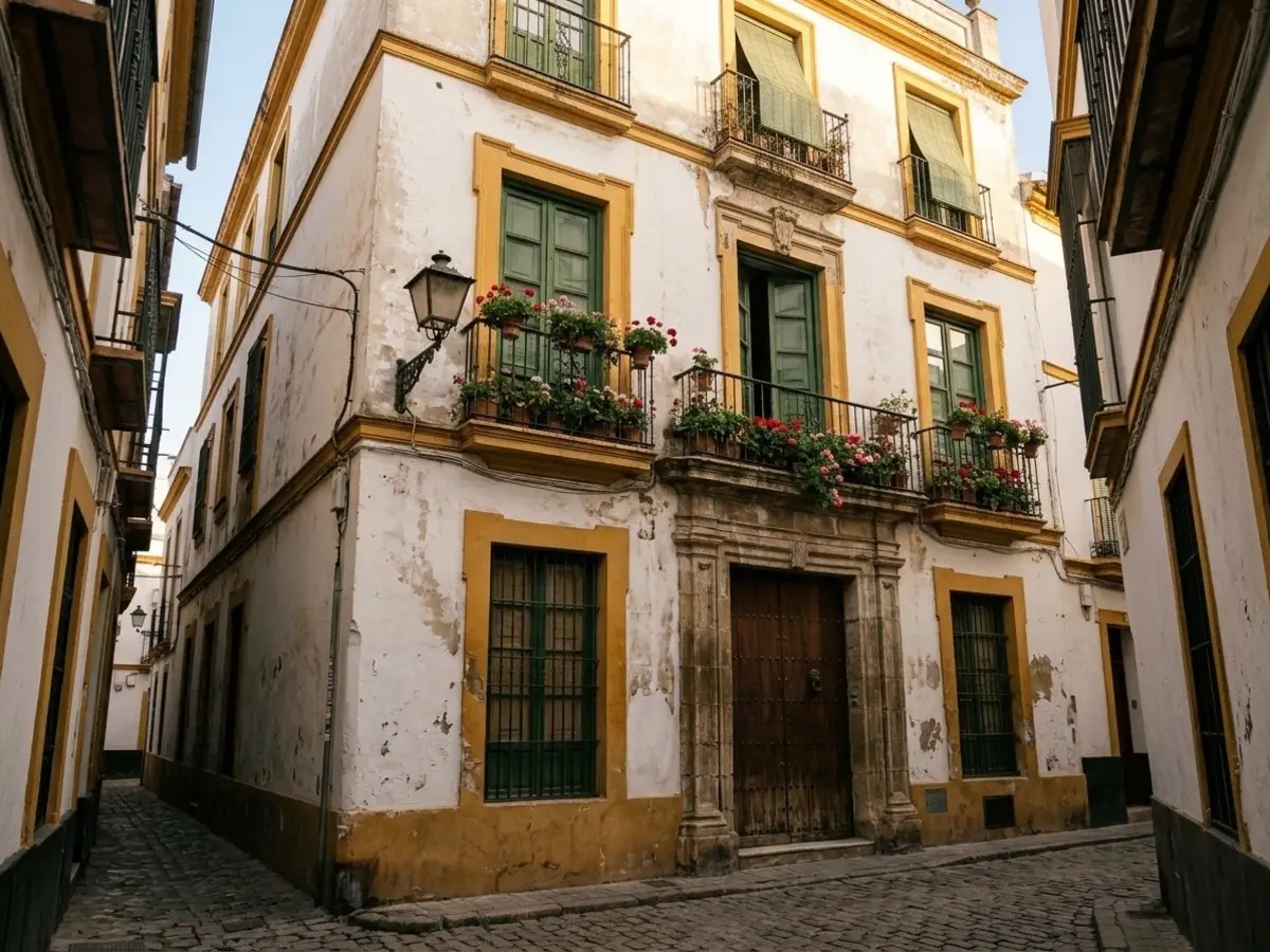 Fachada de una casa del casco antiguo de Sevilla con balcones, rejas y ventanas de madera
