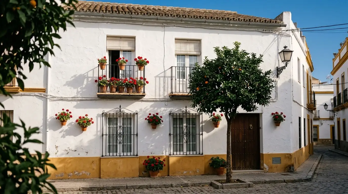 Fachada encalada de una casa sevillana con ventanas nuevas, rejas y persianas, en una calle soleada