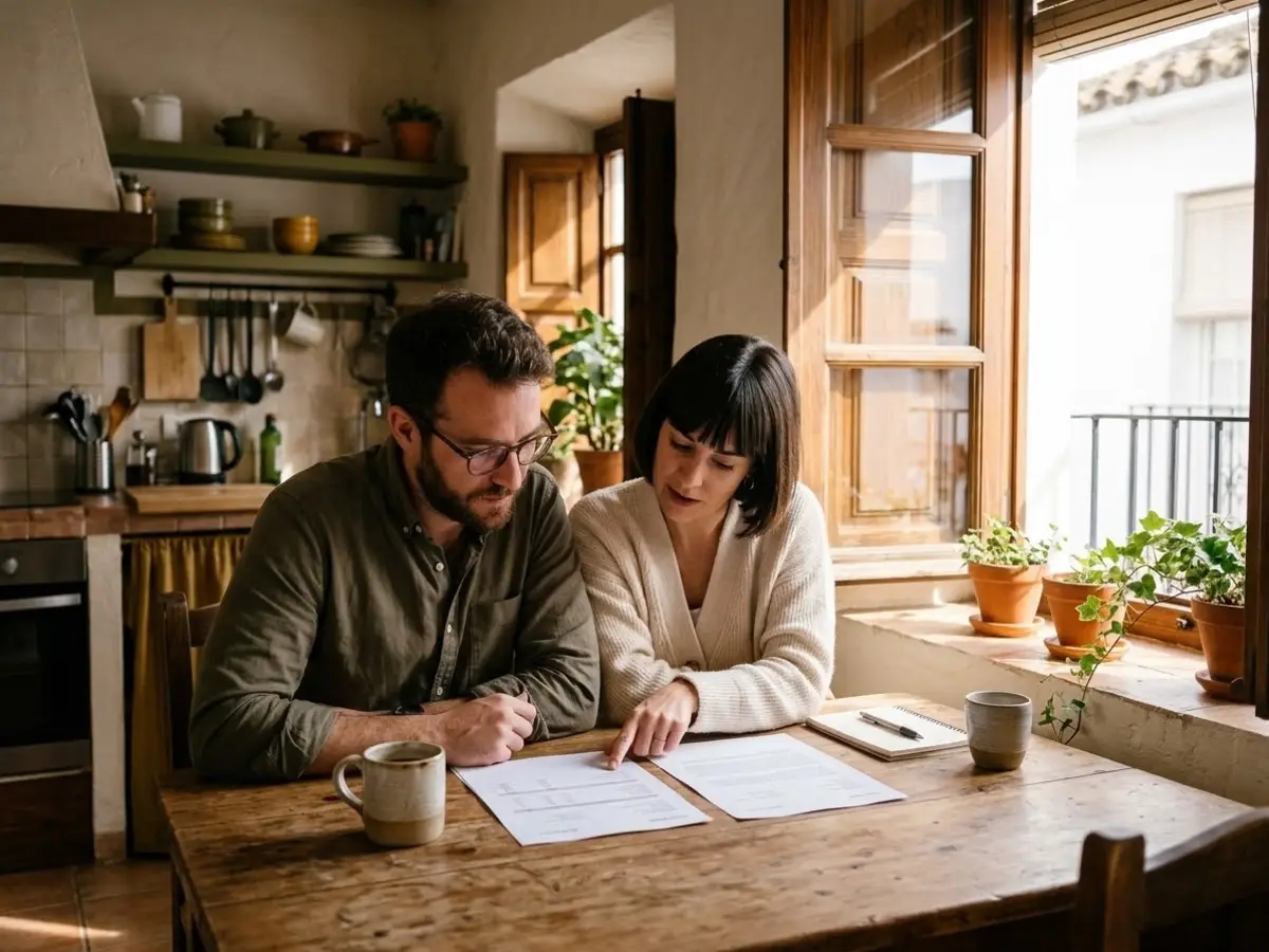 Pareja comparando dos presupuestos en la mesa de la cocina
