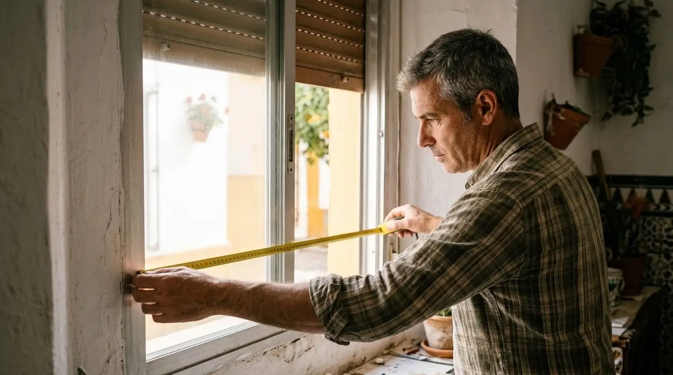 Hombre midiendo con un metro el hueco de una ventana antigua de aluminio en su piso