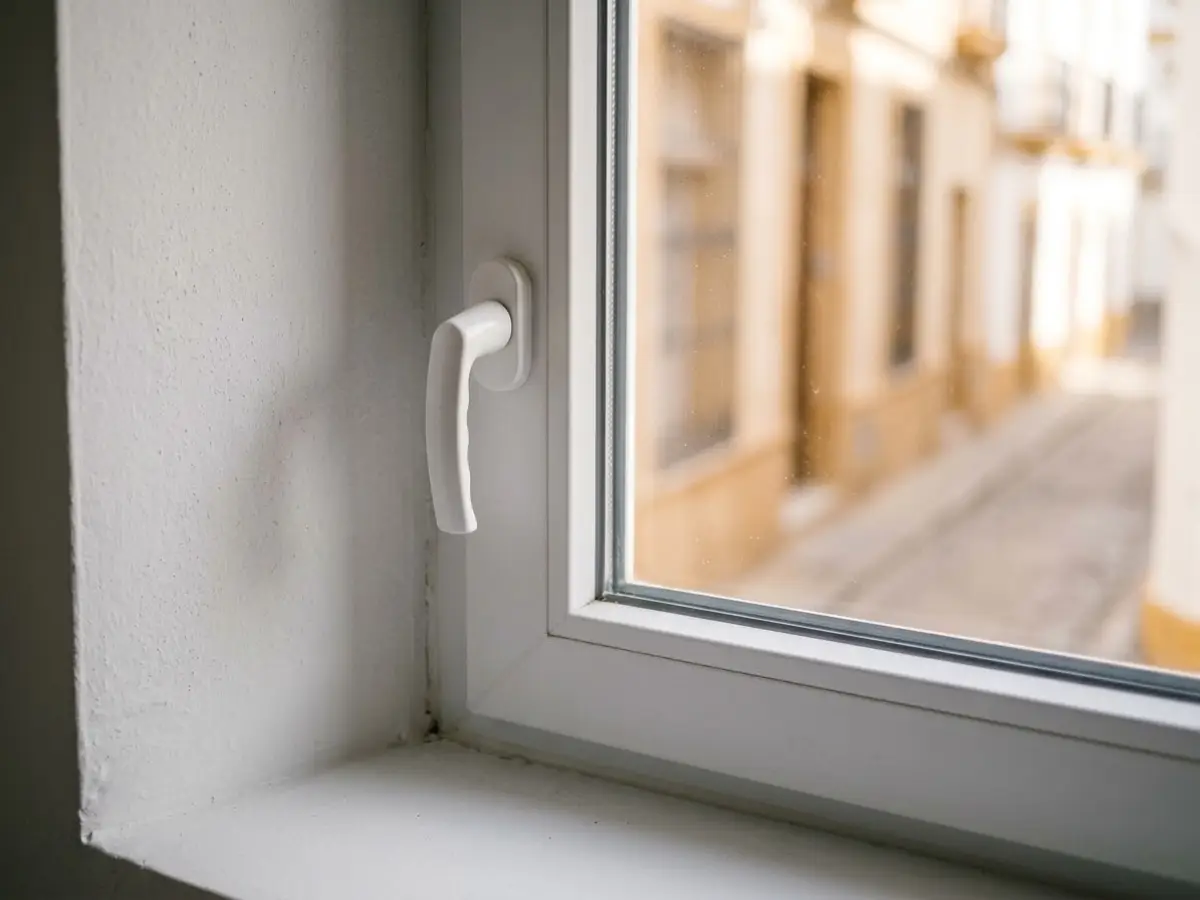 Detalle de la esquina de una ventana de PVC blanco con su junta de goma y la manilla