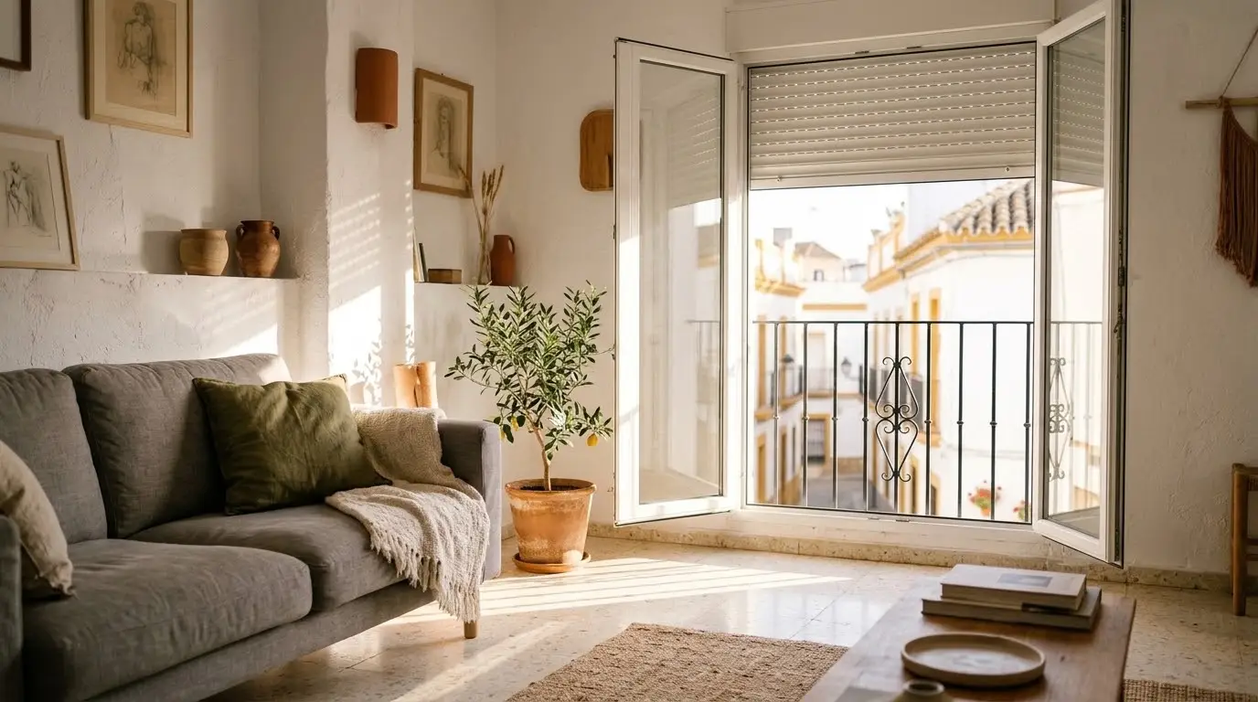 Salón luminoso con una ventana de PVC blanca oscilobatiente abierta y una persiana a medio bajar