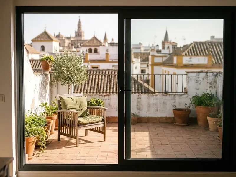 Puerta balconera corredera de aluminio gris abierta a una terraza con macetas