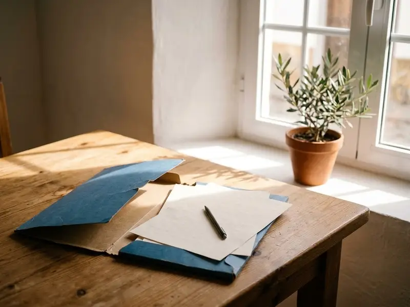 Carpeta con papeles junto a una ventana nueva sobre una mesa de madera