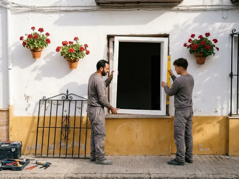 Dos operarios colocando una ventana nueva en el hueco de una fachada encalada