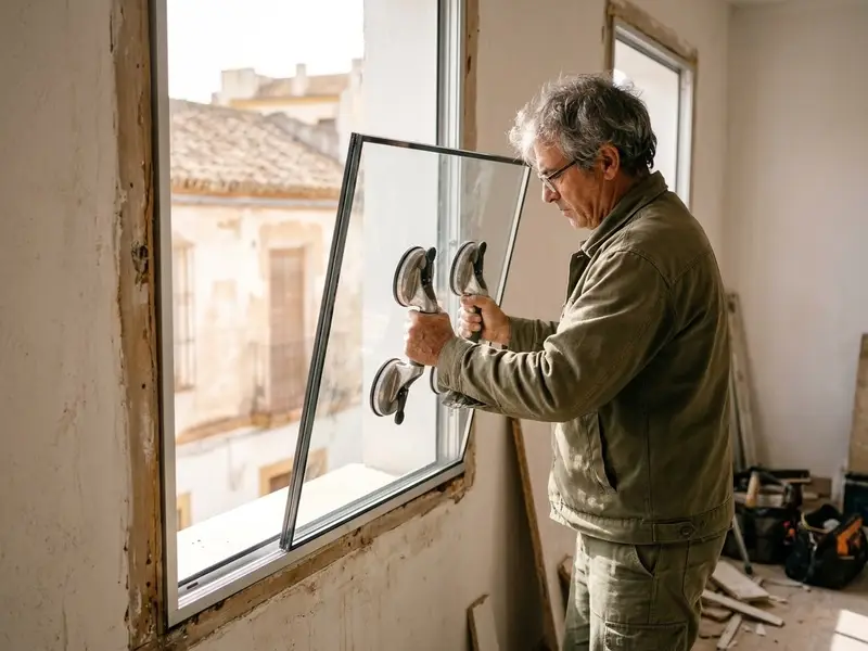 Operario colocando un doble cristal en el marco de una ventana de aluminio