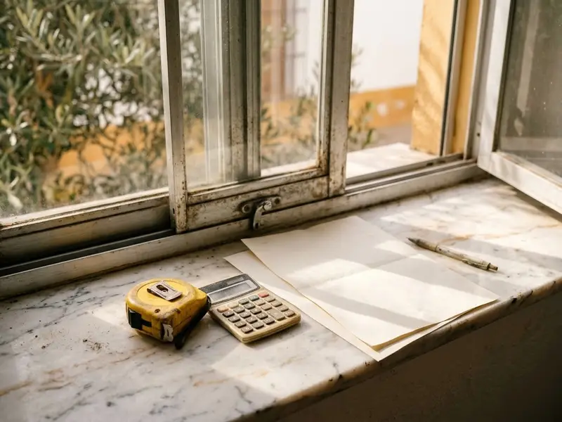 Metro, calculadora y un presupuesto sobre el alféizar de una ventana