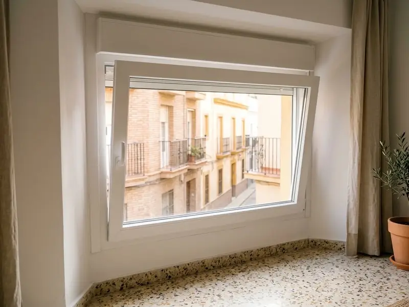 Ventana oscilobatiente de PVC blanco recién colocada en un piso de Sevilla